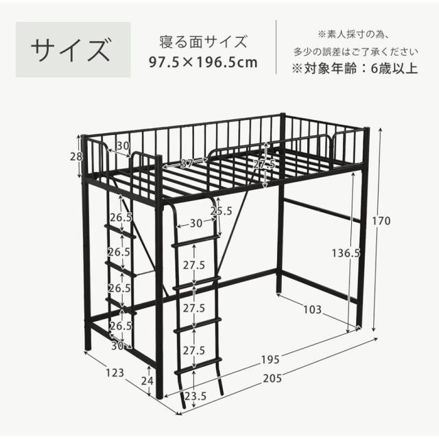 「クーポン配布中」高さ170cm ロフトベッド シングルベッド  ハイタイプ パイプベッド 子供ベッド シングルベッド シンプル 省スペース おしゃれ スチール 耐震ベッド 子供ベッド 大人ベッド 大人用  子供部屋 北欧風  一人暮らし 新生活_15