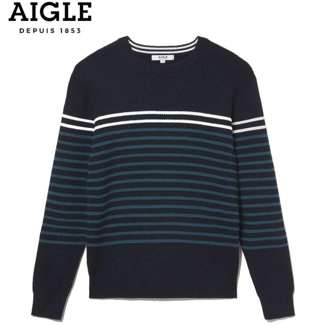 【SALE】 エーグル AIGLE ZAH013J 075 マリーンエーグル（メンズ）  パネルストライプ ワッフルプルオーバーセーター