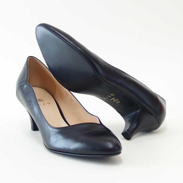 EIZO エイゾー 15146 ブラック スムースレザーのVカットラウンドパンプス（5.5cmヒール） 「靴」