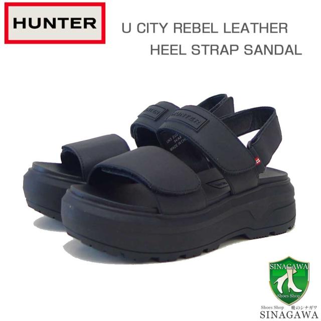 【SALE】 ハンター HUNTER UFD3110LEA（レディース） シティ リベル レザー ヒール ストラップ サンダル （カラー：ブラック） 本革 コンフォートサンダル 厚底「靴」