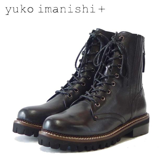 yuko imanishi ＋ ユーコ イマニシ＋ 717027 ブラック レースアップブーツ バックジップ サイドゴア ショートブーツ「靴」