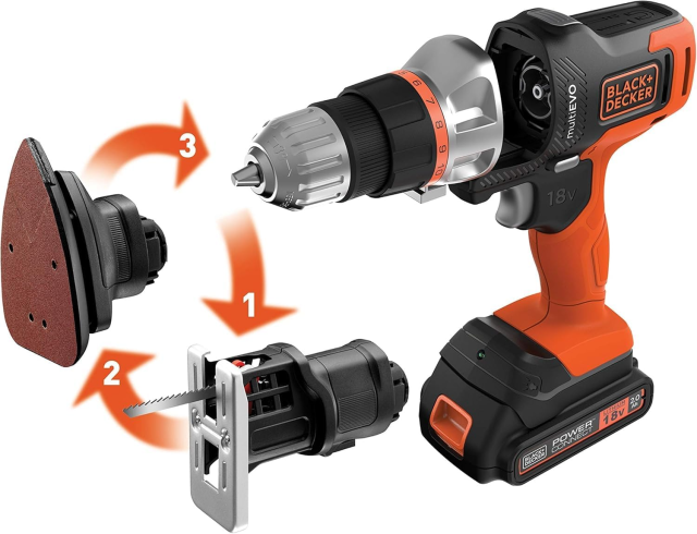 ブラックアンドデッカー(BLACK+DECKER) コードレス マルチツール 3in1 multievo EVO185B1 DIY 電動工具 穴あけ 締付工具 ドリルドライバー ジグソー サンダー 18V 2.0Ah ビット 11種 バッテリー 2個 専用ボックス 付き