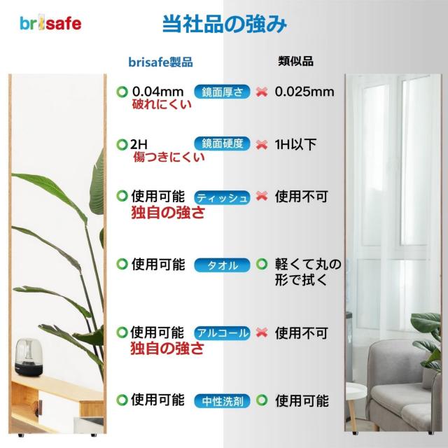 brisafe 国産鏡面フィルム採用 割れない軽量鏡 スタンドミラー 全身鏡 30X150CM 防災 地震対策 フィルムミラー アルミ合金フレーム 安全 おしゃれ スタイリッシュミラー 白／ホワイトAH1030150WX