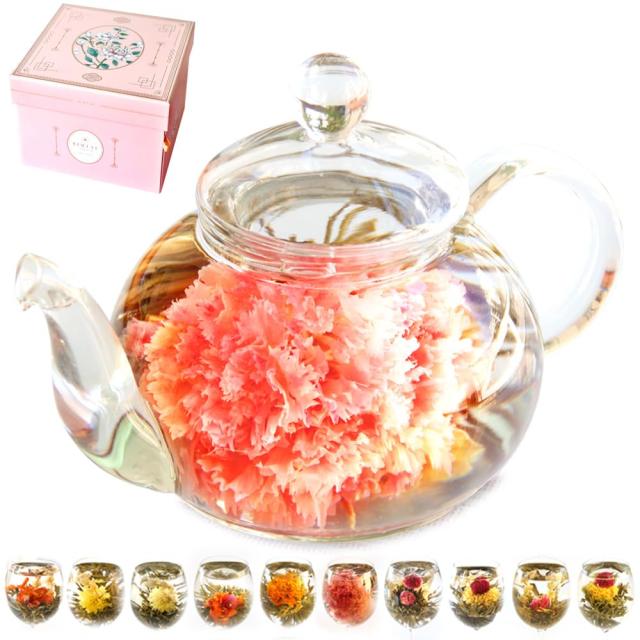 リムテー 女性に人気 お茶 ギフト(カーネーション 花茶 10種+ガラス ティーポット+豪華二段箱)優雅セット 工芸茶 中国茶 詰合せ 内祝い お返し 誕生日 プレゼント 母 義母 上司 部下 同僚 実用的 茶器 食器 雑貨