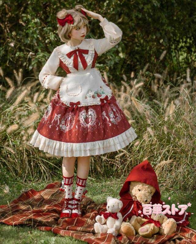 長袖ロリータワンピース 赤マント お姫系 ロリータ服 苺柄 膝丈 ティアードドレス プリンセスライン 可愛い リボン スカラップ裾 学園祭 文化祭 撮影衣装 コスプレ