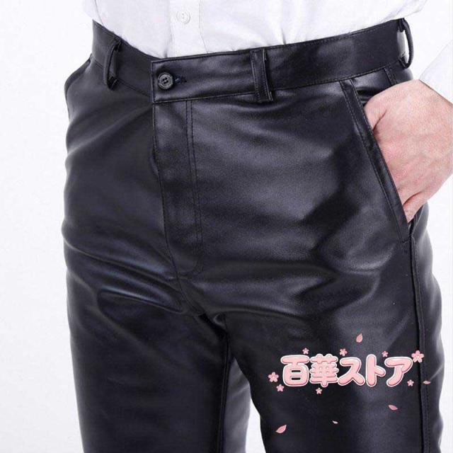 メンズ革パンツ革パンレザーパンツフェイクレザーストレッチライダースパンツ無地ホワイト