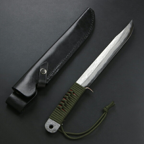 雲流 剣鉈 210mm 青紙鋼 ダマスカス ロープ巻柄 本革ケース付き (狩猟 キャンプ アウトドア ナイフ 積層鋼 キャンプギア ブッシュクラフト)