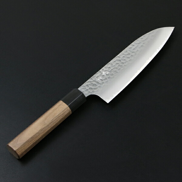 送料無料 宏之作 和三徳包丁 170mm 両刃 粉末ハイス HAP40鋼 割込み ステンレス 槌目仕上げ 八角ウォルナット柄
