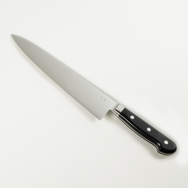 送料無料 牛刀 両刃 240mm 青紙鋼 割込み ステンレス 共口金付き 黒合板柄 包丁 洋包丁 業務用包丁 家庭向け包丁 シェフナイフ ハガネ割込み ステンレス包丁 日本製