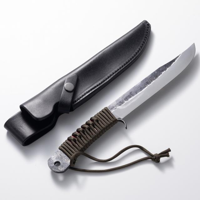 剣鉈 165mm 青紙鋼 黒打ち仕上げ ロープ巻柄 本革ケース付 アウトドア用ナイフ (狩猟解体 フィッシング 登山 剣鉈 キャンプ ナイフ キャンプギア ブッシュクラフト)