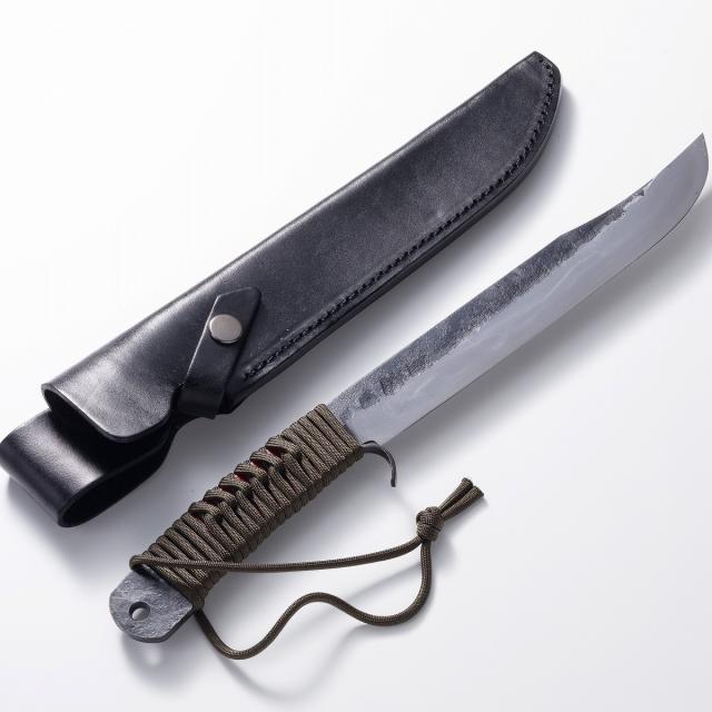 剣鉈 210mm 青紙鋼 黒打ち仕上げ ロープ巻柄 本革ケース付 アウトドア用ナイフ (狩猟解体 フィッシング 登山 剣鉈 キャンプ ナイフ キャンプギア ブッシュクラフト)