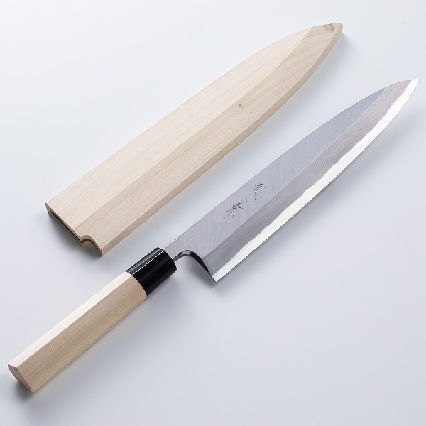 送料無料 堺元兼 身卸包丁 片刃 240mm 白紙2号 刃金つけ 水牛柄 木鞘付 最高級 和包丁捌き包丁 本職向け こだわりの逸品 日本製