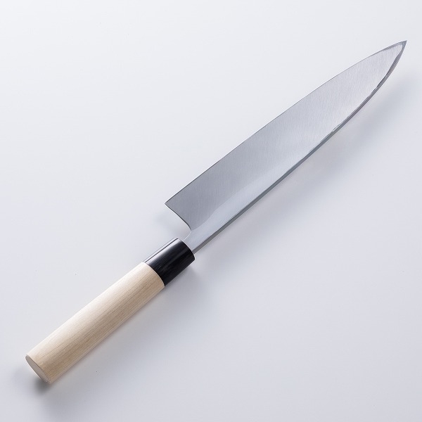 送料無料 堺元兼 身卸包丁 片刃 240mm 白紙2号 刃金つけ 水牛柄 木鞘付
