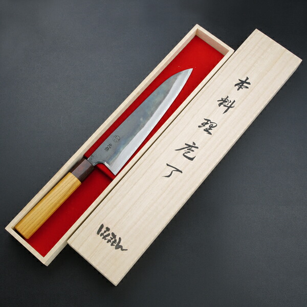 送料無料 元兼 和牛刀 210mm 両刃 青紙1号 割込み 黒打ち仕上げ ケヤキ柄 木箱入り 土佐打ち刃物 極上品
