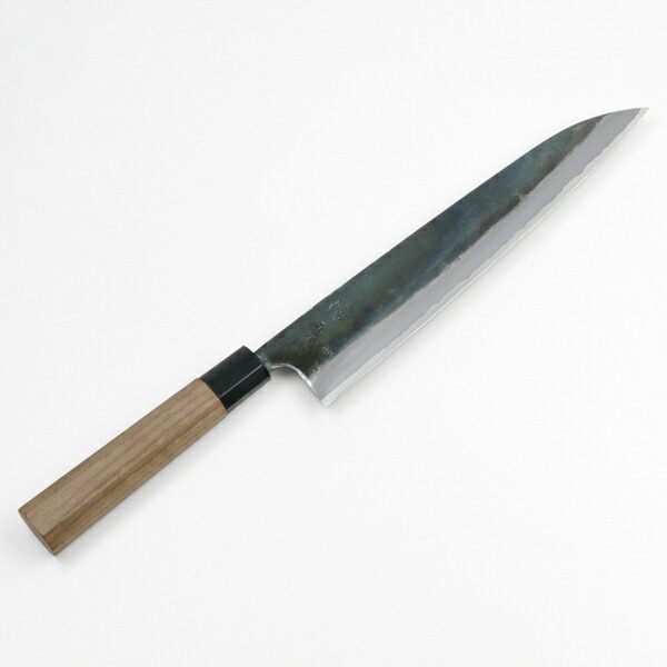 送料無料 元兼 牛刀 240mm 両刃 青紙1号 割込み 黒打ち仕上げ クルミ柄 土佐打ち刃物 極上品牛刀 和包丁 黒打ち包丁 鍛造 日本製 誕生日 母の日 プレゼント 退職祝い