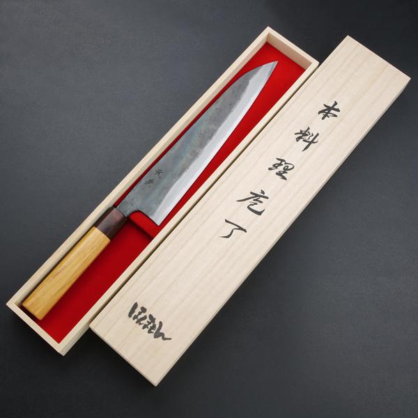 送料無料 元兼 和牛刀 240mm 両刃 青紙1号 割込み 黒打ち仕上げ ケヤキ柄 木箱入り 土佐打ち刃物 極上品