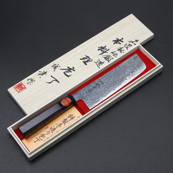 送料無料 誠貴作 春風 菜切り包丁 両刃 165mm 粉末ハイス積層鋼 ダマスカス模様 水牛八角ウォルナット柄 木箱入り誕生日 母の日 プレゼント 退職祝い 29,900円