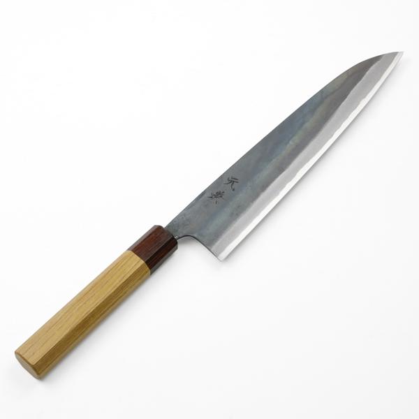 送料無料 元兼 和牛刀 240mm 両刃 青紙1号 割込み 黒打ち仕上げ ケヤキ柄 土佐打ち刃物 極上品