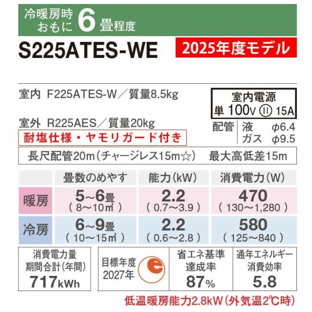 エアコン 標準工事費込み 6畳用 ダイキン 沖縄本島送料無料 耐塩加工 ヤモリガード S225ATES-WE 2025年モデル