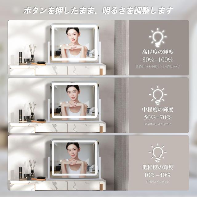 バニティミラー ライト付き メイクアップミラー ライト付き 3色照明ミラー タッチコントロール 360度回転 ホワイト