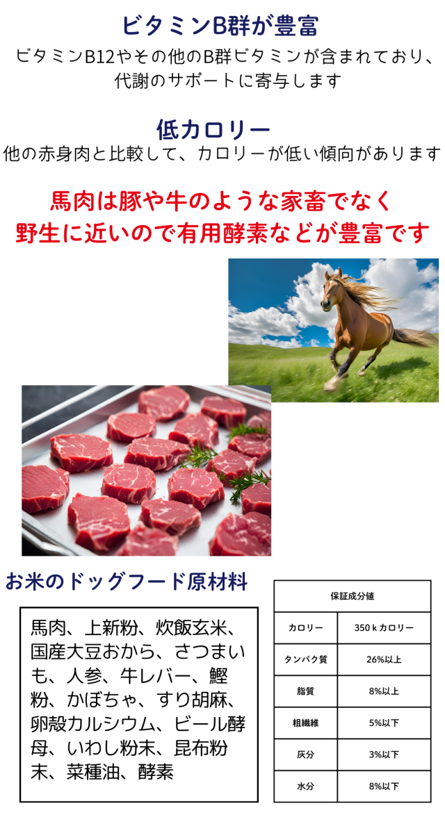 送料無料 国産 無添加 ドッグフード グルテンフリー 馬肉 お米のドッグフード 800g 6個 全犬種対応 アレルギー ドライフード 高たんぱく 低脂肪 食いつき ダイエット シニア犬 避妊・去勢 涙やけ 目やに 体臭_2