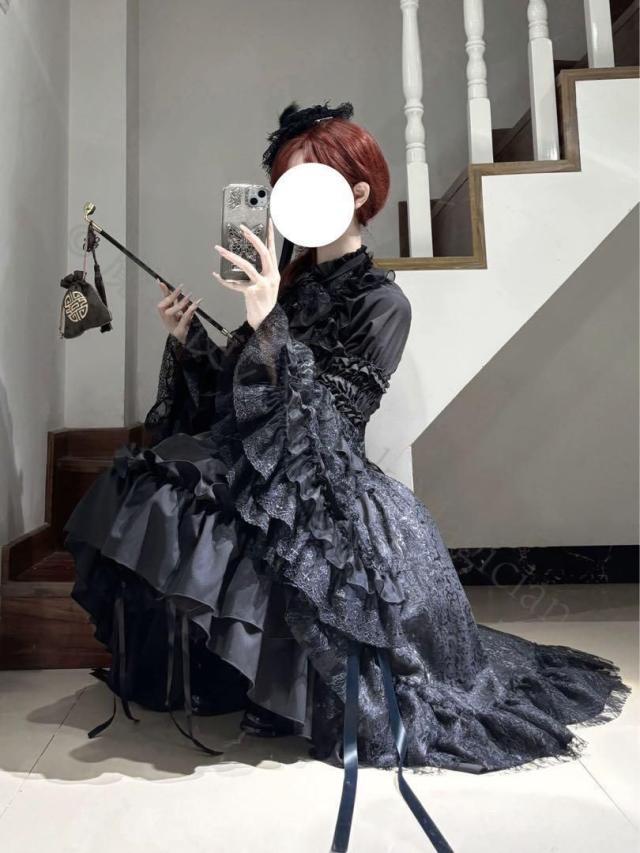 3点セット 黒ゴスロリ ロリータゴシック スカート 姫袖ブラウス
