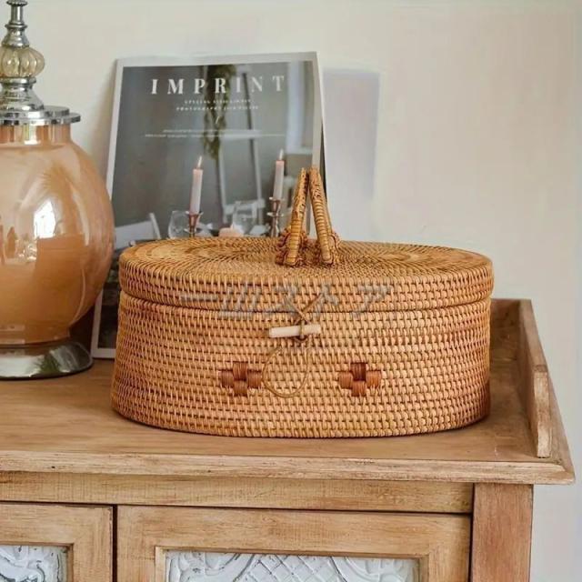 収納カゴ 収納バスケット お菓子入れ 蓋付き バスケット ラタン かご 収納 ボックス 持ち手付き おしゃれ かわいい 籐 リビングルーム キッ