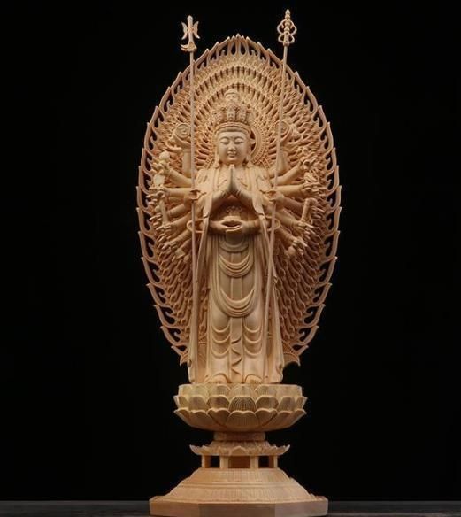 上品/綺麗 仏教美術 精密彫刻 仏像 手彫り 八角台座 桧木製 千手観音菩薩 高さ約43ｃｍ