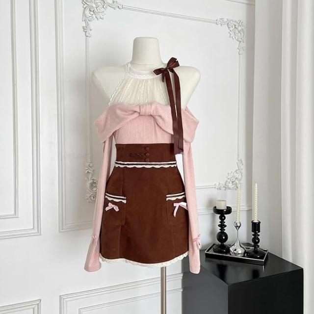 清楚系 オープンショルダー レディース ワンピース 肩出し セクシー レース リボン ミニ セーター ニット タイトスカート 地雷系 ロリータ 森ガール お嬢様 フランチガーリー ギャル 少女 女の子 長袖 春 秋 冬 服