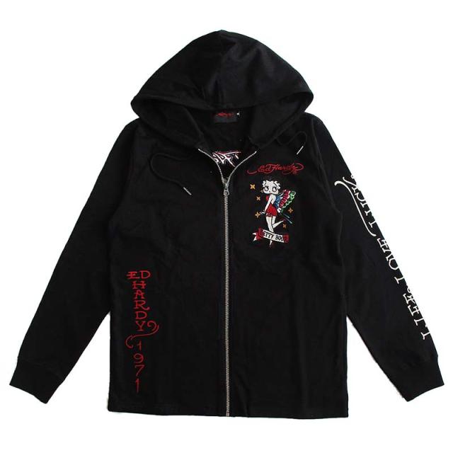 エド・ハーディー Ed Hardy ベティーブープ Betty Boop コラボ 天竺ZIPパーカー/長袖Tシャツ（ロンT） 刺繍 メンズ レディース 送料無料_1