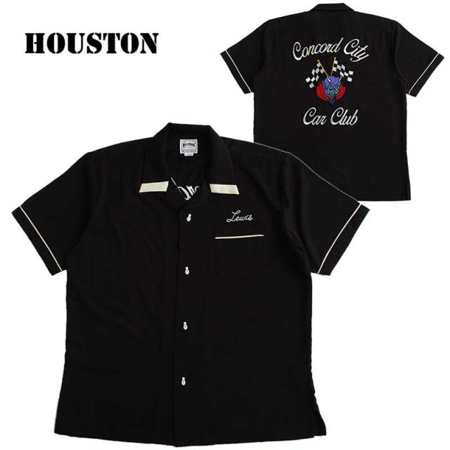 HOUSTON/ヒューストン メンズ 半袖ボーリングシャツ カラー：BLACK  刺繍 ロカビリー Rockabilly 50's アメカジ ファッション ボウリングシャツ