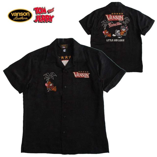 VANSON バンソン トムとジェリー コラボ レーヨンボーリングシャツ カラー：BLACK メンズ レディース 刺繍 TOM & JERRY トム＆ジェリー キャラクター 送料無料