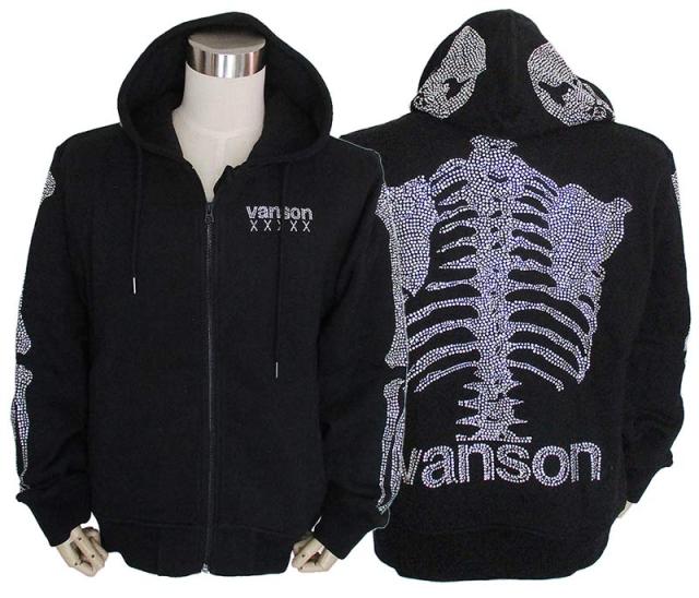 VANSON バンソン メンズ 裏毛ZIPパーカー スウェット カラー：BLACK 50周年モデル ラインストーン スカル 送料無料_1