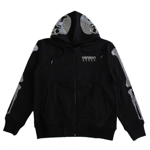 VANSON バンソン メンズ 裏毛ZIPパーカー スウェット カラー：BLACK 50周年モデル ラインストーン スカル 送料無料_2