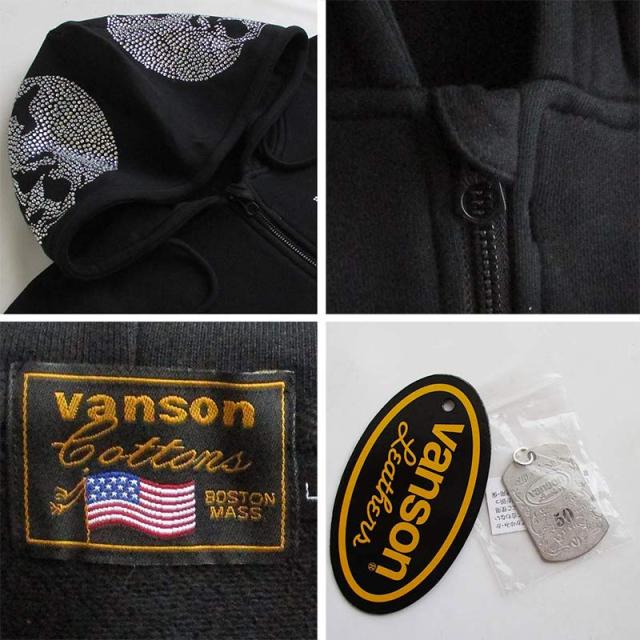 VANSON バンソン メンズ 裏毛ZIPパーカー スウェット カラー：BLACK 50周年モデル ラインストーン スカル 送料無料_9