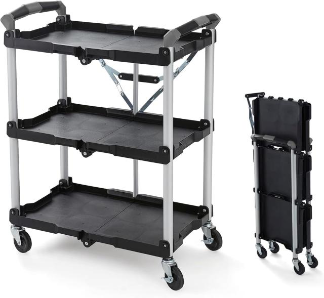 AORTD ツールワゴン 折りたたみ 3段 キャスター付き 総耐荷重90kg 軽量 工具カート 大型 キッチンワゴン 作業台 台車 ラック 掃除用 移動棚 二年保証