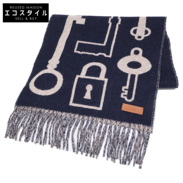 HERMES エルメス マフラー ネイビー/ベージュ レディース