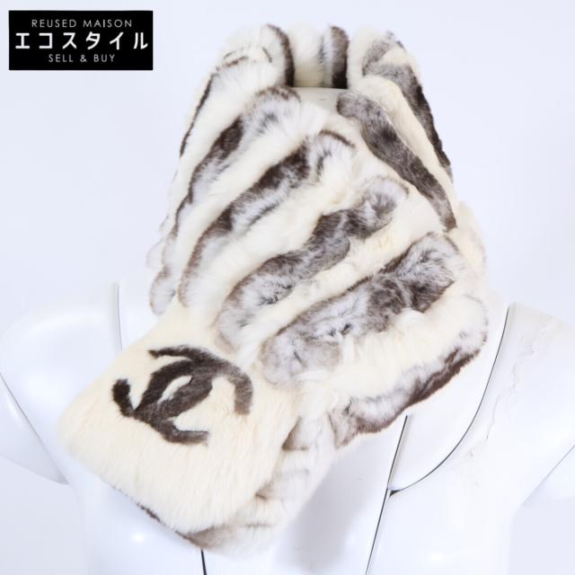 CHANEL シャネル マフラー オフホワイトxチャコール レディース
