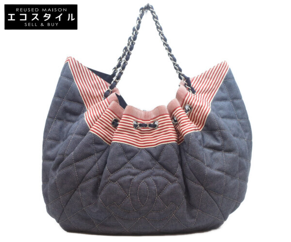 CHANEL シャネル ショルダーバッグ ネイビーxレッド/シルバー金具 レディース