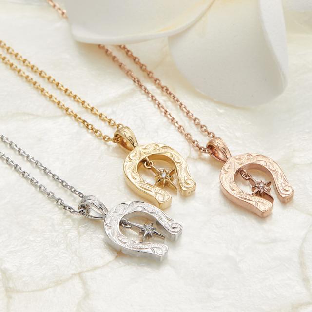 ネックレス ペンダント レディース サージカルステンレス316L製 馬蹄 ホースシュー 1粒 1石 ワンストーン ハワイアンジュエリー ハワジュ 波 スクロール お肌に優しい 金属アレルギー対応 金アレ 上品 かわいい 誕生日 記念日 プレゼント ギフト 送料無料