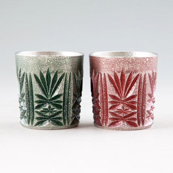薩摩錫器 錫 切子オンザロック 緑漆加工･赤漆加工 200ml×2 [No.155-1・155-3]　薩摩錫器工芸館　代引不可