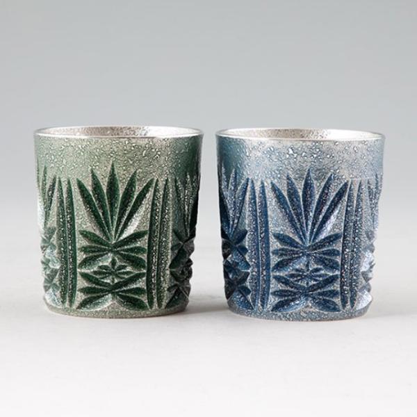 薩摩錫器 錫 切子オンザロック 緑漆加工･藍漆加工 200ml×2 [No.155-1・155-5]　薩摩錫器工芸館　代引不可