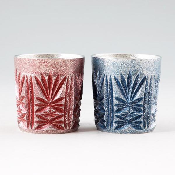 薩摩錫器 錫 切子オンザロック 赤漆加工･藍漆加工 200ml×2 [No.155-3・155-5]　薩摩錫器工芸館　代引不可