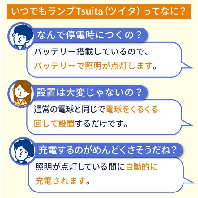 ◆【国土強靱化担当大臣賞 受賞】 いつでもランプ tsuita 電球色（4個セット）  停電しても消えない電球 防災電球 バッテリー内蔵 充電式電球 LED電球   減災 ツイタ ギフトフト プレゼント_4