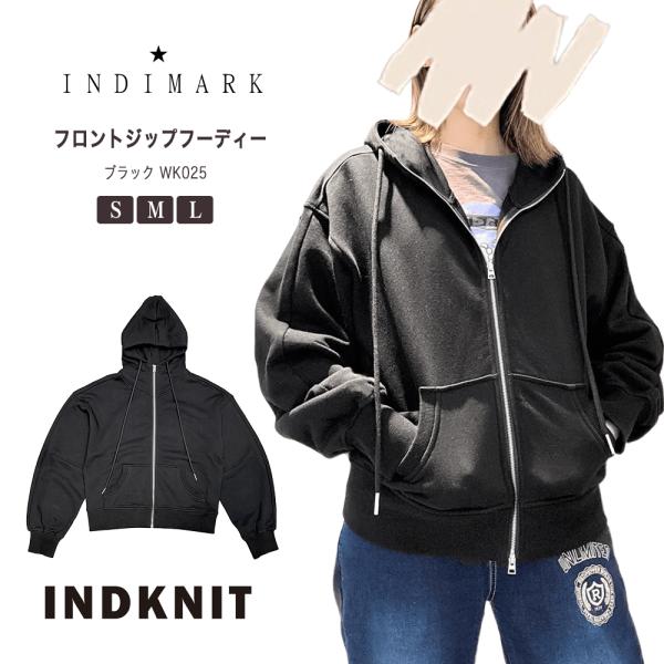 INDIMARK INDKNIT デニムレディース おしゃれ ブランド かわいい フロントジップフーディー ブラック WK025【お取り寄せ】