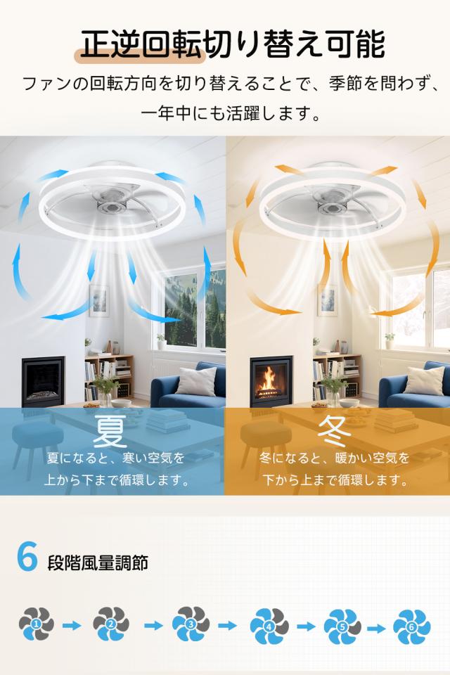 正逆回転で暖房効率化 シーリングファン 12畳 サーキュレーター 8畳 50cm扇風機 シーリングファンライト led 天井ファン 節電 おしゃれ 10畳 調光調色 風量6段階 北欧 天井照明 APP 和室 洋室 工事不要 DCモーター 5年保証_5