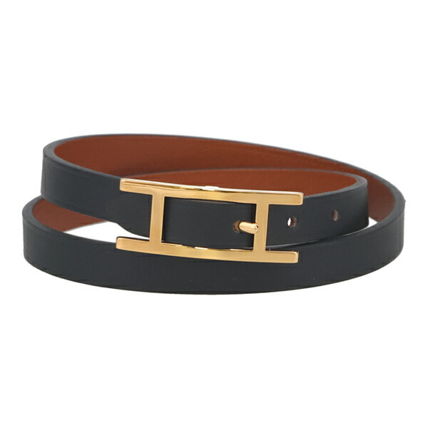 エルメス ビーアピ ドゥブルトゥール HERMES レザーブレスレット ゴールドバックル ブラック+フォーブ サイズT5 064692
