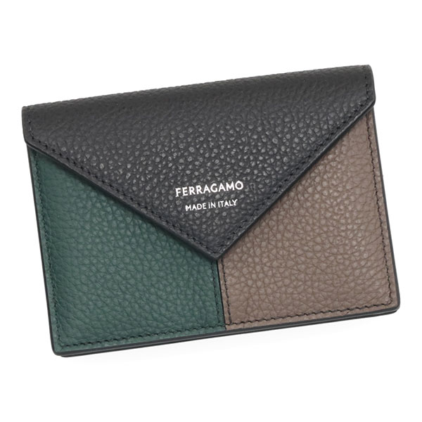 フェラガモ 名刺入れ メンズ FERRAGAMO カラーブロック 661682 785633 ブラック+モスグリーン+ブラウン