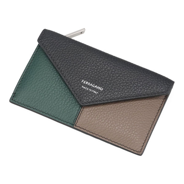 フェラガモ カード コインケース メンズ FERRAGAMO カラーブロック フラグメントケース 661684 785615 ブラック+モスグリーン+ブラウン 小銭入れ_1