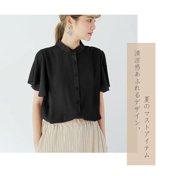 レディース トップス ブラウス ラッフルスリーブ フリル袖 シフォン スタンドカラー 透け感 薄手 シャツ 涼しい 可愛い きれいめ 仕事 通勤ビジネス おしゃれ シンプル ゆったり 体型カバー 半袖 半そで 丸首 春 夏 大人_1
